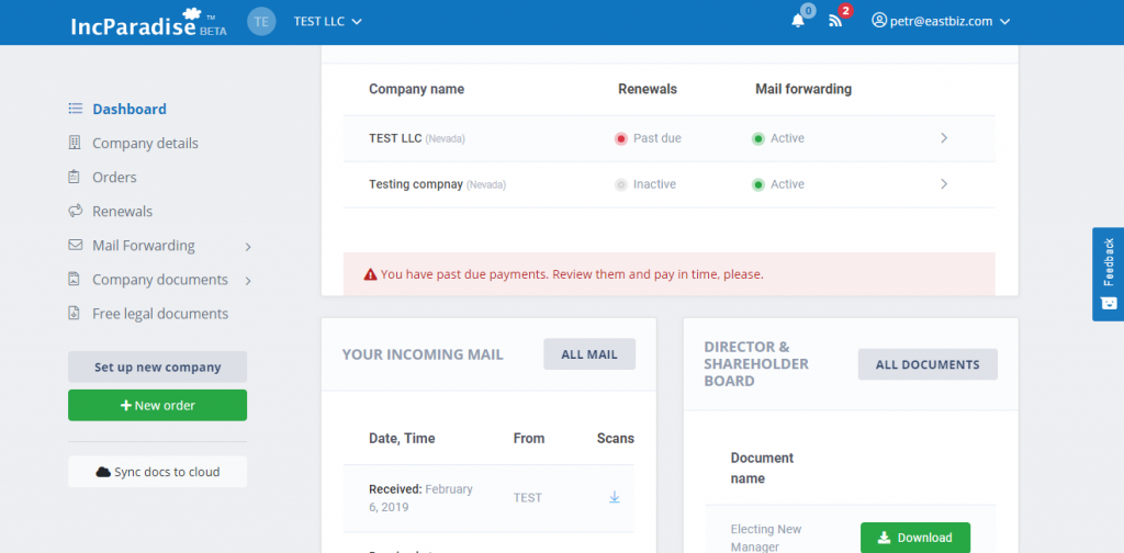 IncParadise New Client Back Office System - Dashboard